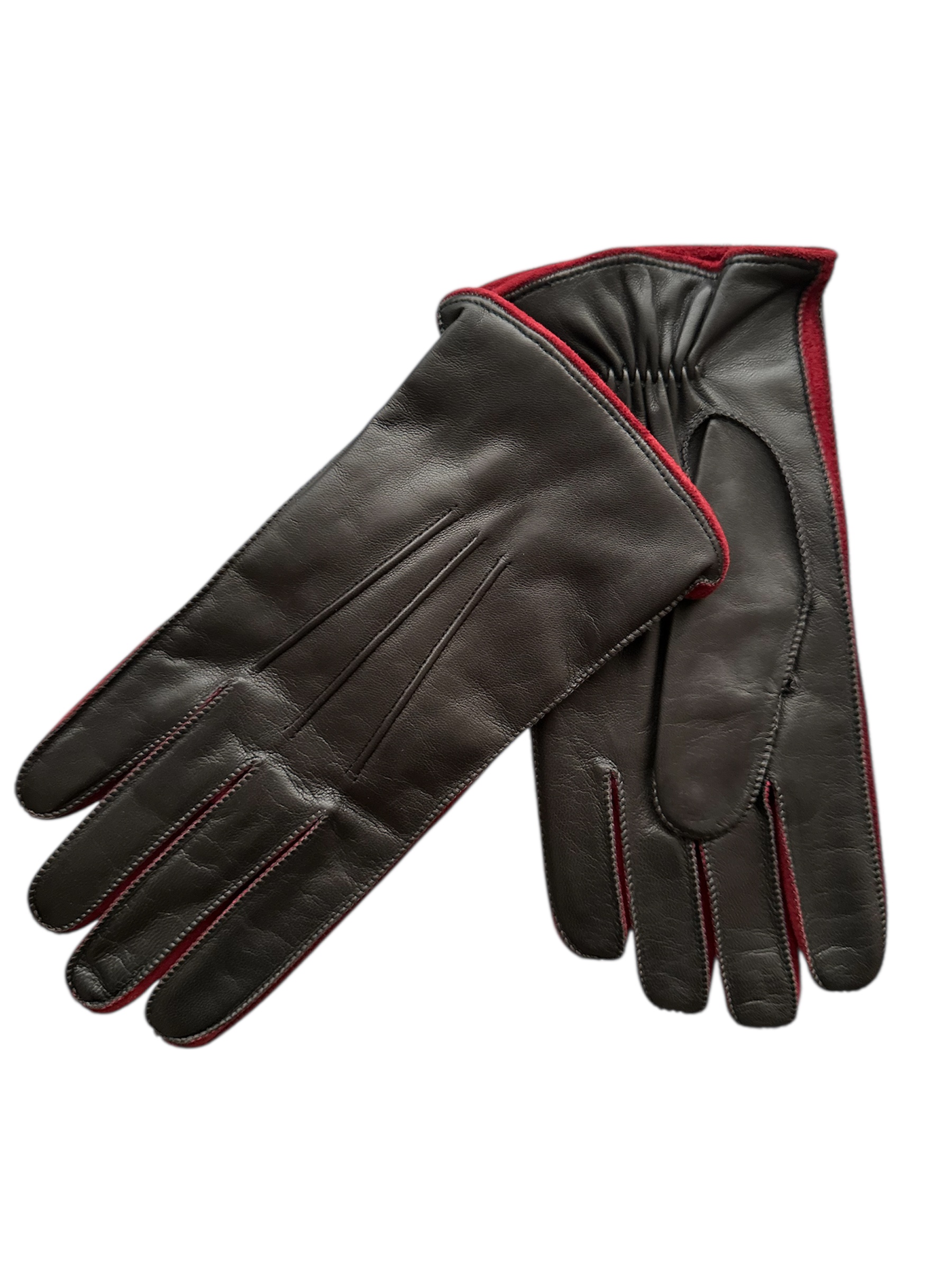 Nappa leather gloves + Suede piping cashmere lined Dk Grey-Dk Red   (In stock)